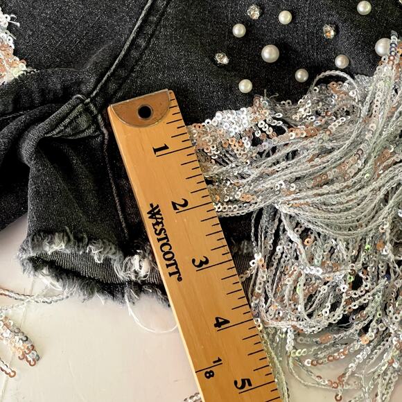 Black Stonewash Sequin Fringe Rhinestone Pearl Beads Shorts Sz XXL Stretch Denim - Picture 10 of 12